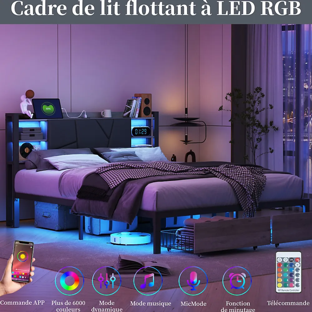 Lit Double Rembourré 160 X 200 Cm Avec Éclairage LED, Port USB Et Rangements, Cadre De Lit En Métal>Fortuna lai