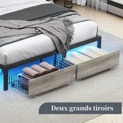 Lit Double Rembourré 160 X 200 Cm Avec Éclairage LED, Port USB Et Rangements, Cadre De Lit En Métal><noscript><img width=
