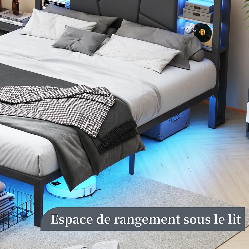 Lit Double Rembourré 160 X 200 Cm Avec Éclairage LED, Port USB Et Rangements, Cadre De Lit En Métal>Fortuna lai