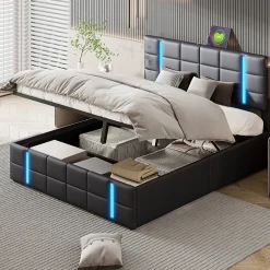 Lit Double Rembourré 140 X 200 Cm, Avec LED, Cadre De Lit Avec Cadre Et Sommier à Lattes, Pu, Noir>Fortuna lai