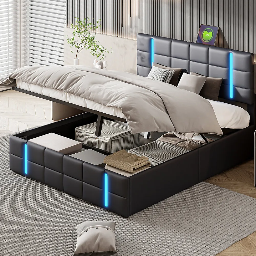Lit Double Rembourré 140 X 200 Cm, Avec LED, Cadre De Lit Avec Cadre Et Sommier à Lattes, Pu, Noir>Fortuna lai