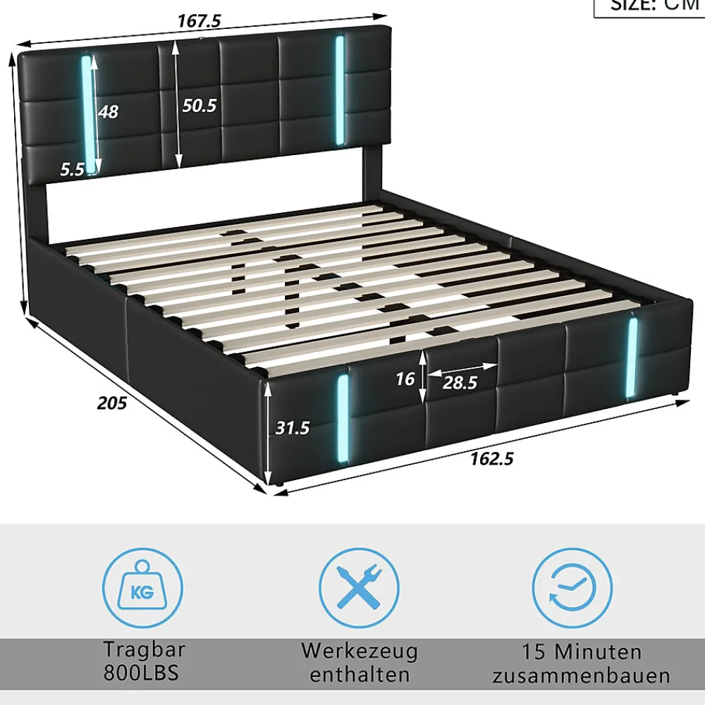 Lit Double Rembourré 140 X 200 Cm, Avec LED, Cadre De Lit Avec Cadre Et Sommier à Lattes, Pu, Noir>Fortuna lai