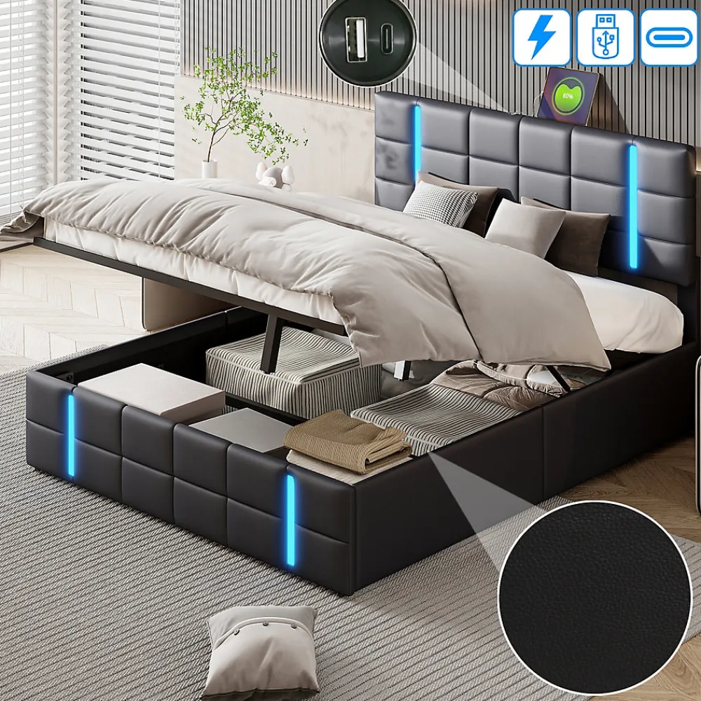 Lit Double Rembourré 140 X 200 Cm, Avec LED, Cadre De Lit Avec Cadre Et Sommier à Lattes, Pu, Noir>Fortuna lai
