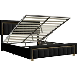 lit double rembourré 160 x 200,lit coffre avec sommier,lit adulte 160 x 200 avec levier hydraulique,velours,noir><noscript><img width=