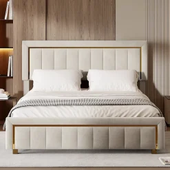 ProximaX lit double rembourré 160 x 200,lit coffre avec sommier,lit adulte 160 x 200 avec levier hydraulique,velours,beige* Lit Coffre