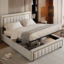 lit double rembourré 140 x 200,lit coffre avec sommier,lit adulte 140 x 200 avec levier hydraulique,velours,beige>Simple Life