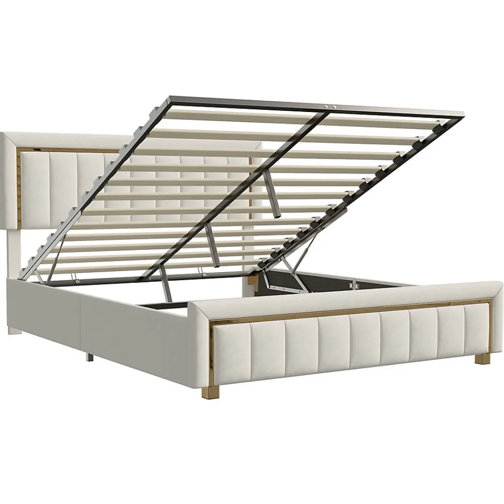 lit double rembourré 140 x 200,lit coffre avec sommier,lit adulte 140 x 200 avec levier hydraulique,velours,beige>Simple Life