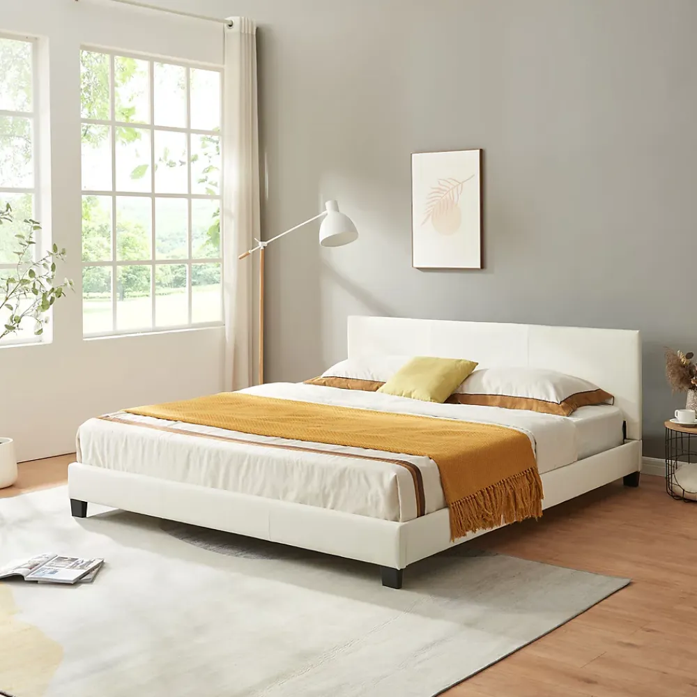 Corium Lit Double Rembourré Albacete Sommier à Lattes Housse Similicuir 180 x 200 cm Blanc* Lit Double
