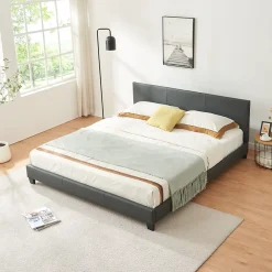 Corium Lit Double Rembourré Albacete Sommier à Lattes Similicuir 180 x 200 cm Gris Foncé* Lit Double