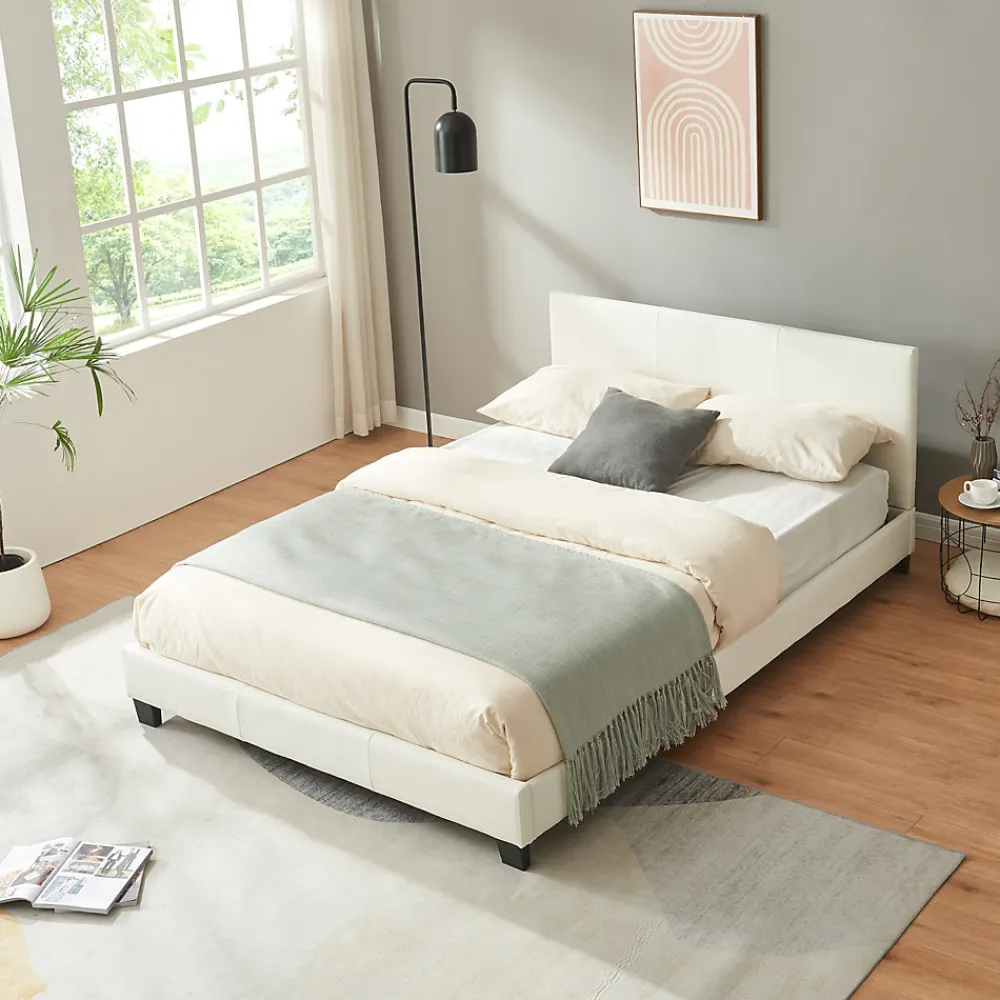 Lit Double Rembourré Albacete Sommier à Lattes Similicuir 140 x 200 cm Blanc>Corium Outlet