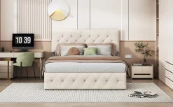 Fortuna lai Lit Double Rembourré Avec Tête De Lit Et Sommier à Lattes En Velours,140x200 Cm,avec Rangement,beige* Lit Coffre