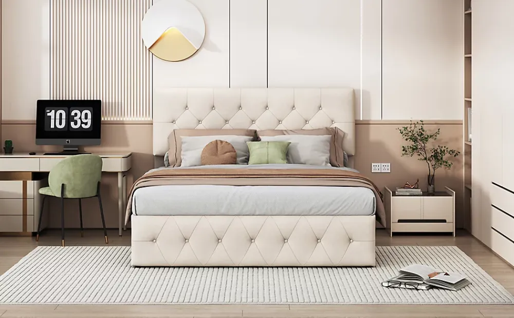 Fortuna lai Lit Double Rembourré Avec Tête De Lit Et Sommier à Lattes En Velours,140x200 Cm,avec Rangement,beige* Lit Coffre