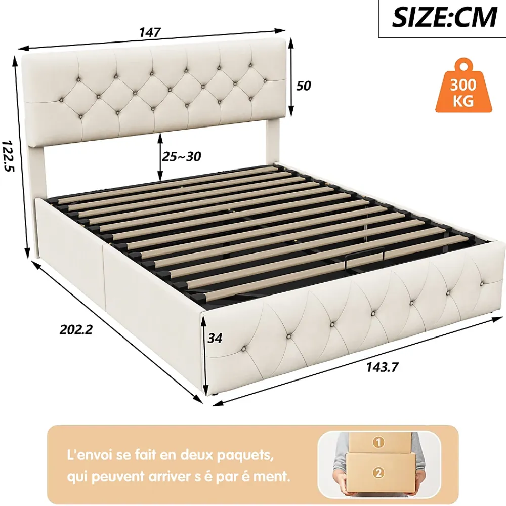 Fortuna lai Lit Double Rembourré Avec Tête De Lit Et Sommier à Lattes En Velours,140x200 Cm,avec Rangement,beige* Lit Coffre