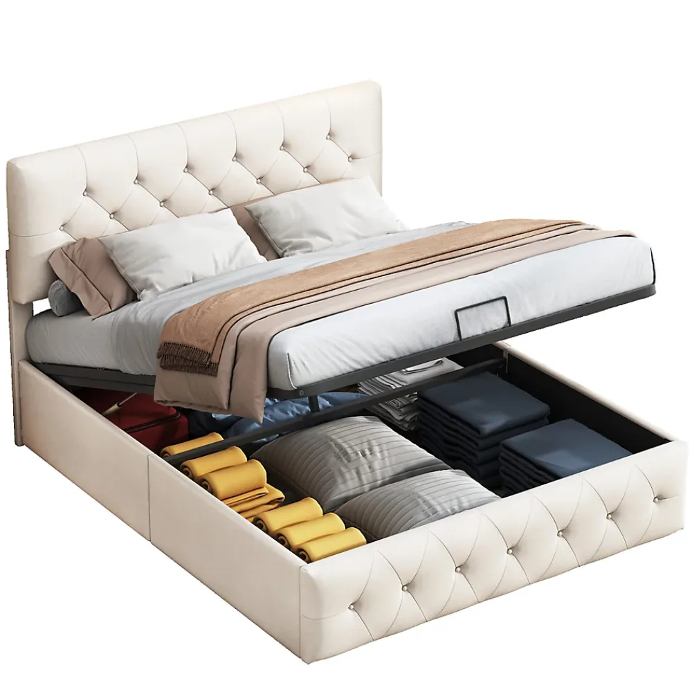 Fortuna lai Lit Double Rembourré Avec Tête De Lit Et Sommier à Lattes En Velours,140x200 Cm,avec Rangement,beige* Lit Coffre