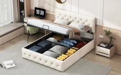 Fortuna lai Lit Double Rembourré Avec Tête De Lit Et Sommier à Lattes En Velours,140x200 Cm,avec Rangement,beige* Lit Coffre