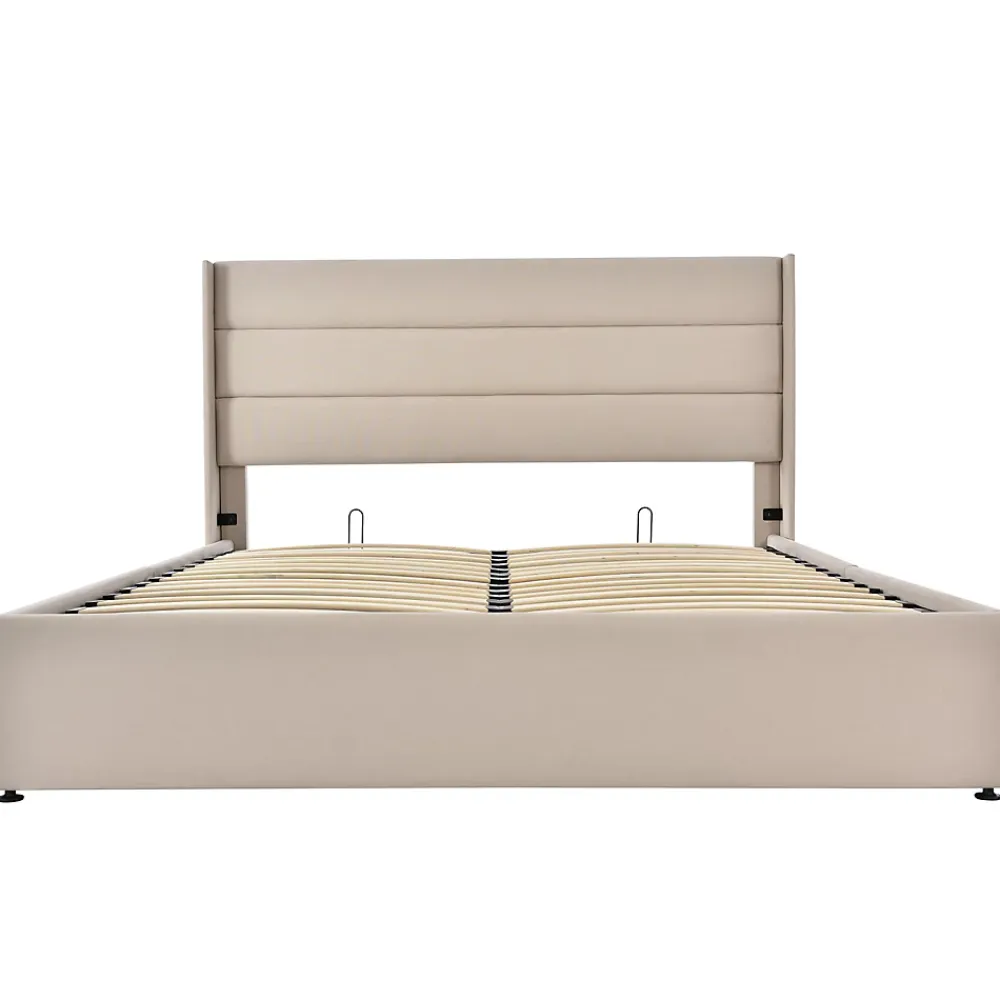 Simple Life Lit Double Rembourré Hydraulique Lit De Rangement, Sommier à Lattes En Bois,beige, 180x200 Cm* Lit Coffre
