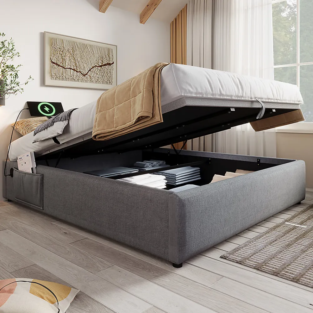 Lit double rembourré 140x200 cm, Lit de rangement Cadre de lit avec USB- C, Sans tête de lit, Coton, Gris,Sans matelas>Gutent Hot