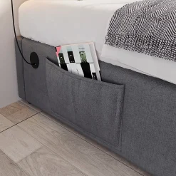 Lit double rembourré 140x200 cm, Lit de rangement Cadre de lit avec USB- C, Sans tête de lit, Coton, Gris,Sans matelas><noscript><img width=