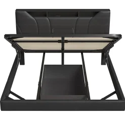 Simple Life Lit double rembourré 140x200 cm, USB, LED, cadre avec tête de lit, rangement, coffre, polyuréthane gris.* Lit Coffre
