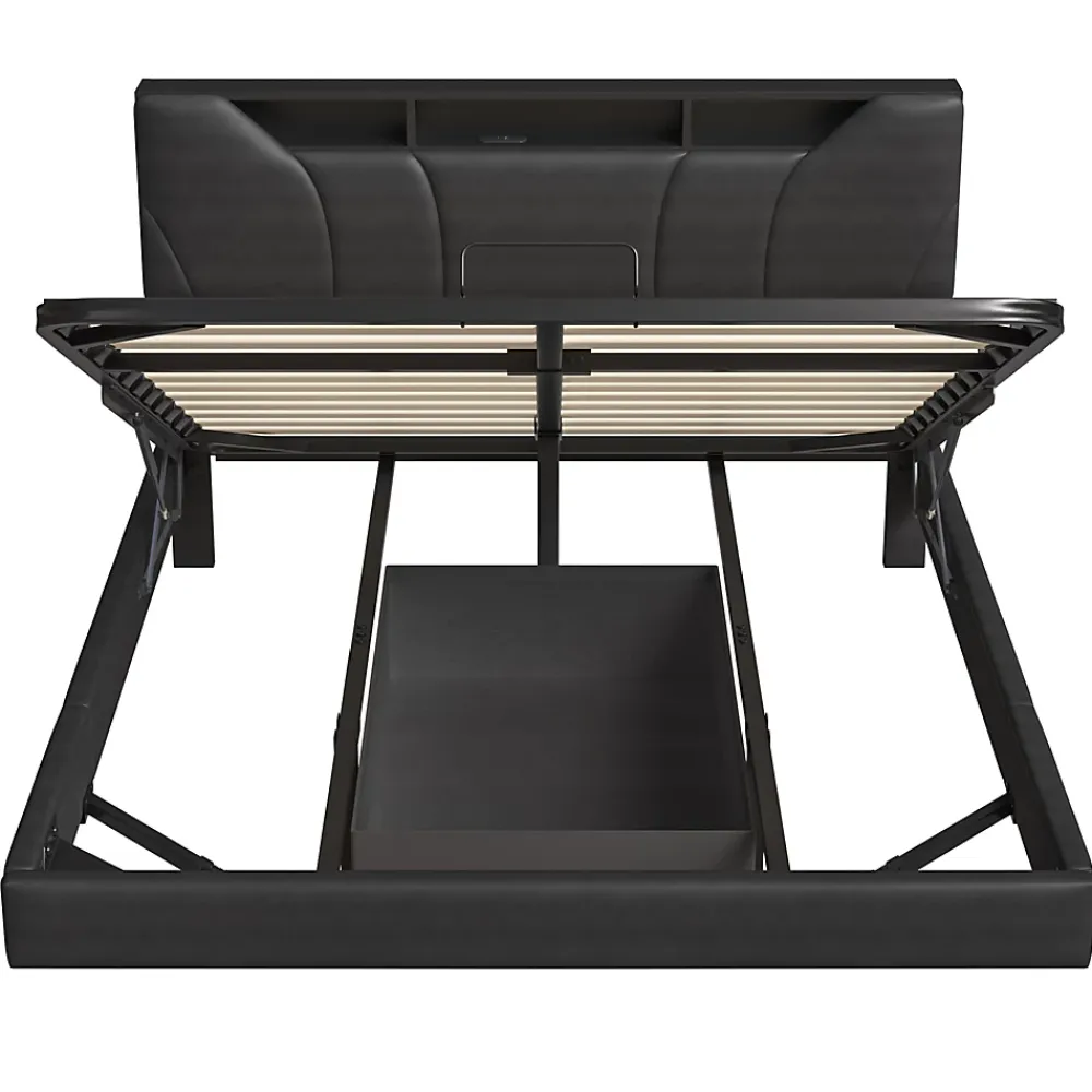 Simple Life Lit double rembourré 140x200 cm, USB, LED, cadre avec tête de lit, rangement, coffre, polyuréthane gris.* Lit Coffre