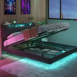 Simple Life Lit double rembourré 140x200 cm, USB, LED, cadre avec tête de lit, rangement, coffre, polyuréthane gris.* Lit Coffre
