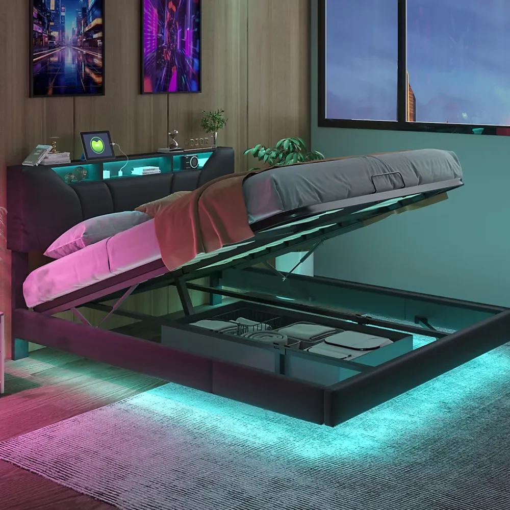 Simple Life Lit double rembourré 140x200 cm, USB, LED, cadre avec tête de lit, rangement, coffre, polyuréthane gris.* Lit Coffre