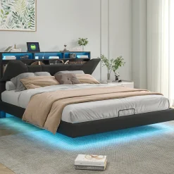 Simple Life Lit double rembourré 140x200 cm, USB, LED, cadre avec tête de lit, rangement, coffre, polyuréthane gris.* Lit Coffre