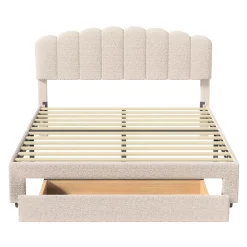Simple Life Lit double rembourré 160x200cm avec USB et grand tiroirs - tissu en sherpa - Beige* Lit Coffre