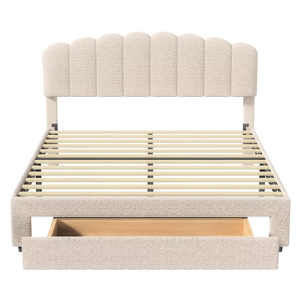 Simple Life Lit double rembourré 160x200cm avec USB et grand tiroirs - tissu en sherpa - Beige* Lit Coffre