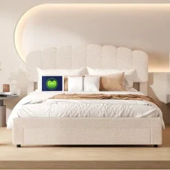 Simple Life Lit double rembourré 160x200cm avec USB et grand tiroirs - tissu en sherpa - Beige* Lit Coffre