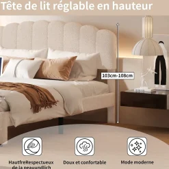 Simple Life Lit double rembourré 160x200cm avec USB et grand tiroirs - tissu en sherpa - Beige* Lit Coffre