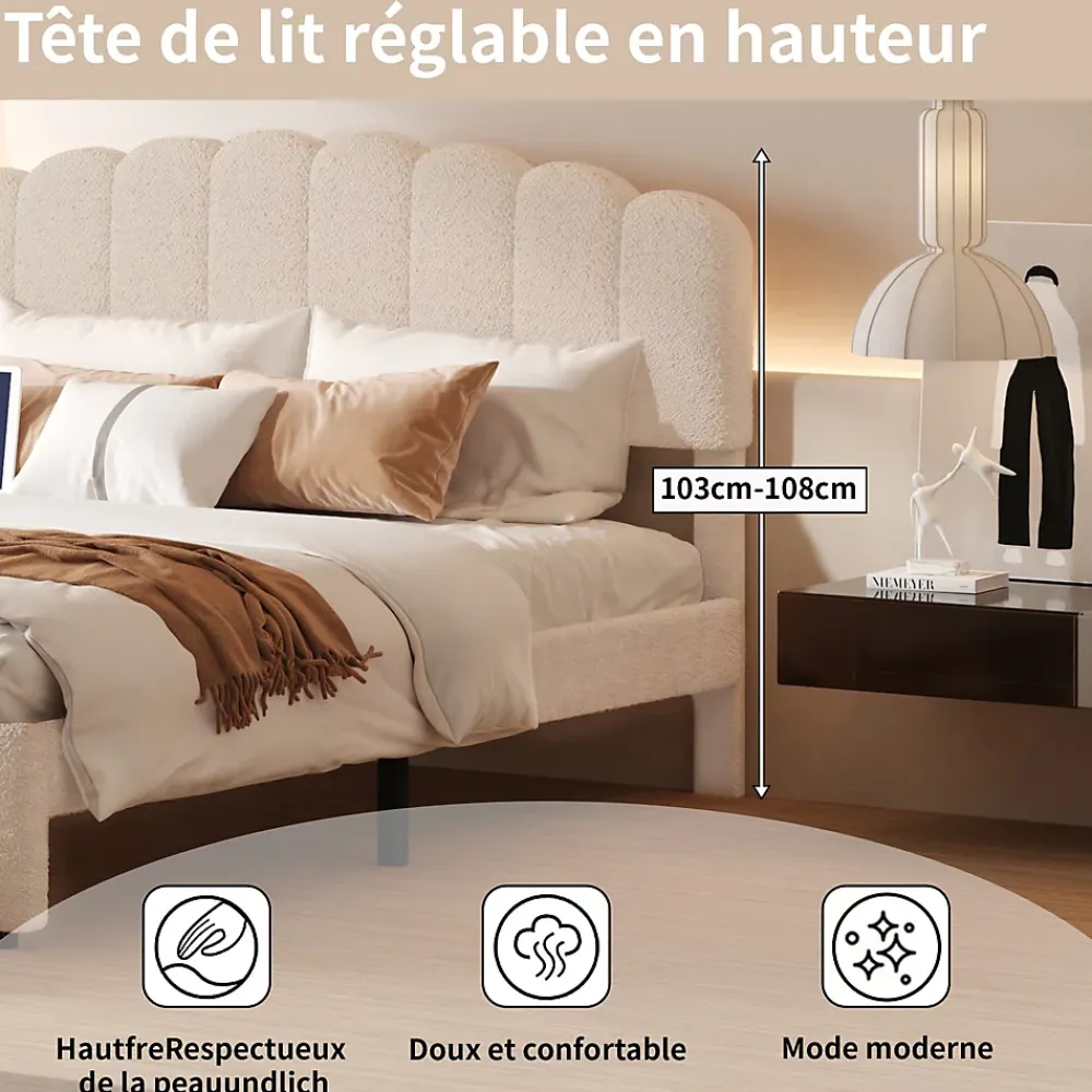 Simple Life Lit double rembourré 160x200cm avec USB et grand tiroirs - tissu en sherpa - Beige* Lit Coffre