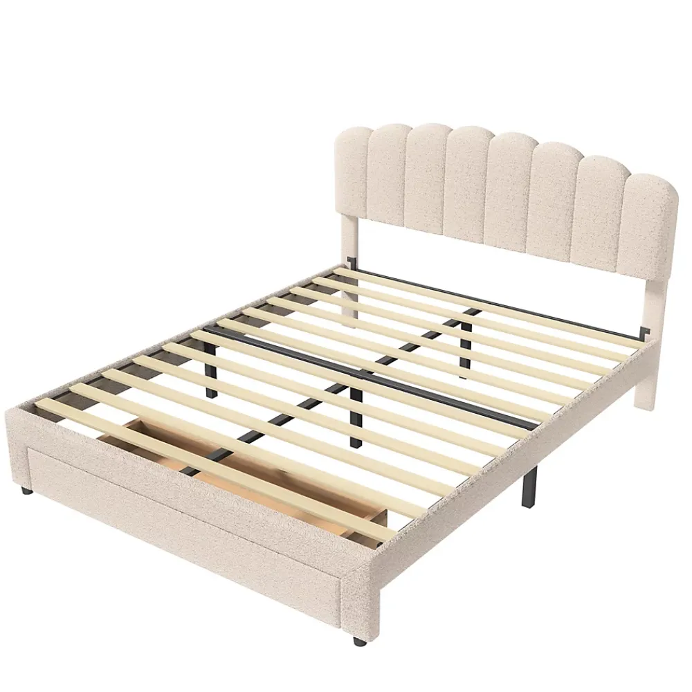 Simple Life Lit double rembourré 140x200cm avec USB et grand tiroirs - tissu en sherpa - Beige* Lit Coffre