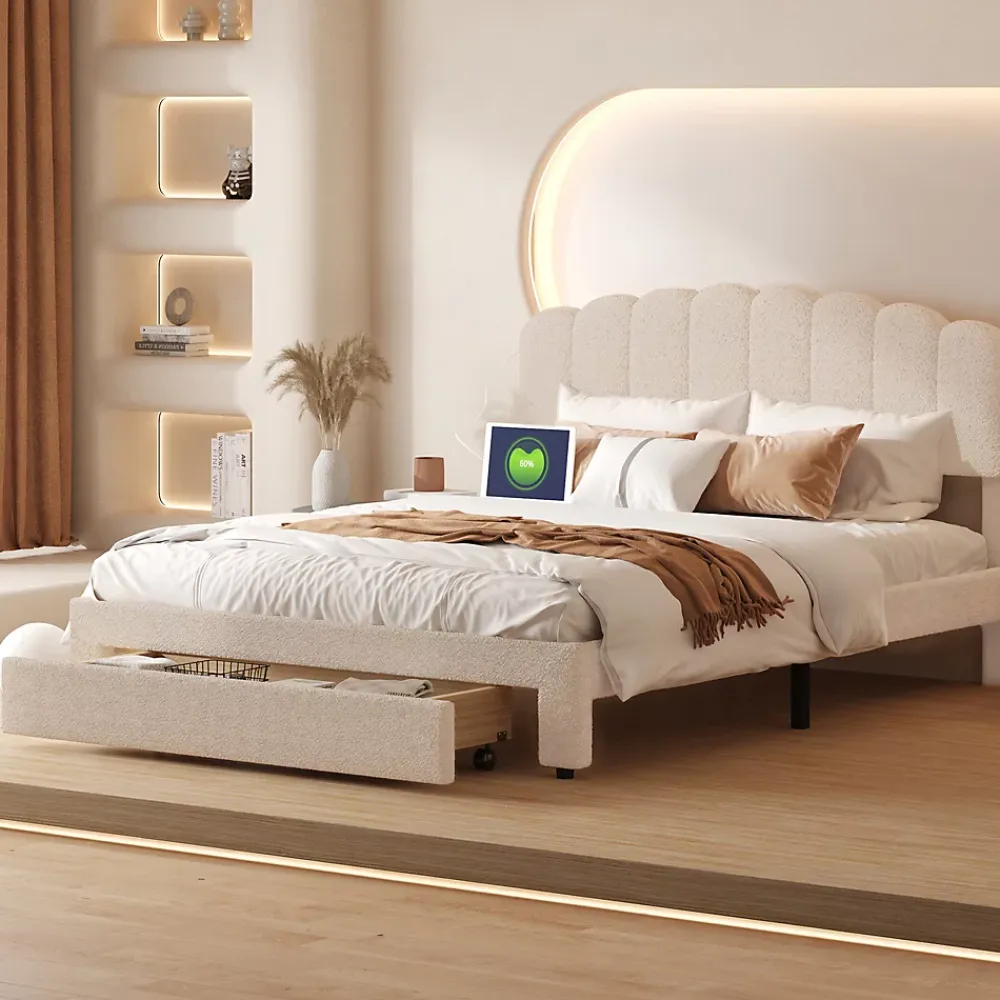 Simple Life Lit double rembourré 140x200cm avec USB et grand tiroirs - tissu en sherpa - Beige* Lit Coffre