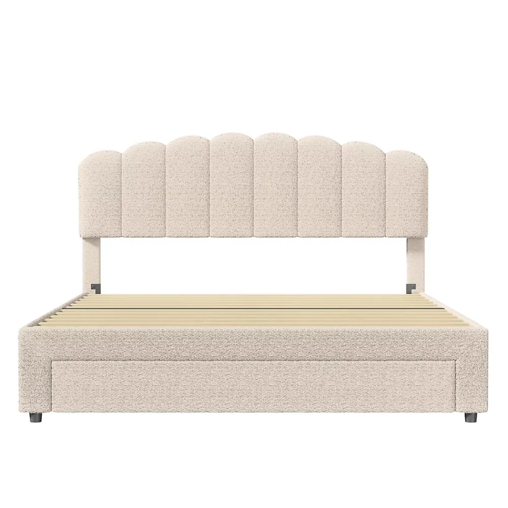 Simple Life Lit double rembourré 140x200cm avec USB et grand tiroirs - tissu en sherpa - Beige* Lit Coffre