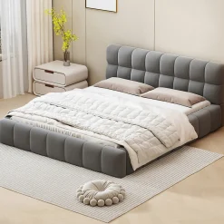 Lit double rembourré 140x190cm, avec dossier souple, lit plat avec encadrement rembourré et sommier à lattes, lin, gris><noscript><img width=