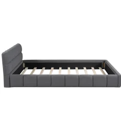 Lit double rembourré 140x190cm, avec dossier souple, lit plat avec encadrement rembourré et sommier à lattes, lin, gris><noscript><img width=