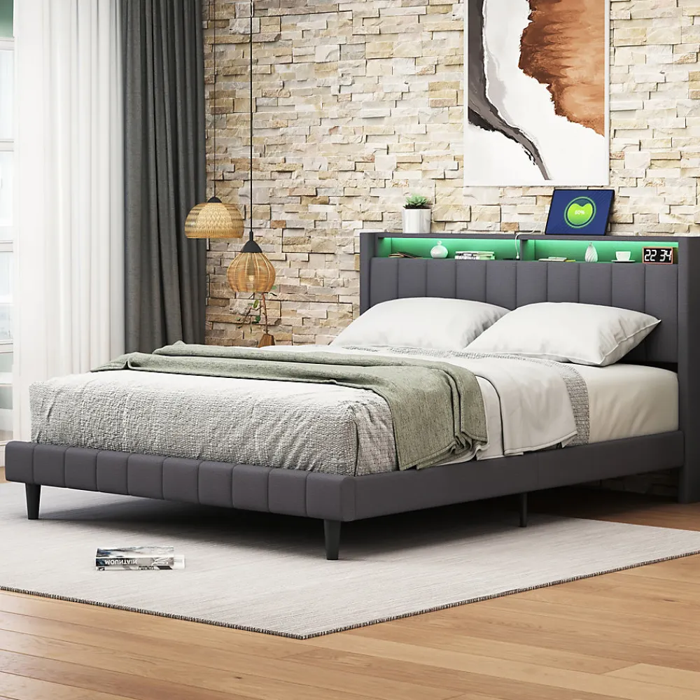Lit Double Rembourré 140x200cm, Cadre de lit avec LED et Prise USB, sommier à Lattes, Gris>Simple Life New