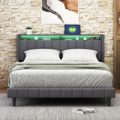 Lit Double Rembourré 140x200cm, Cadre de lit avec LED et Prise USB, sommier à Lattes, Gris><noscript><img width=