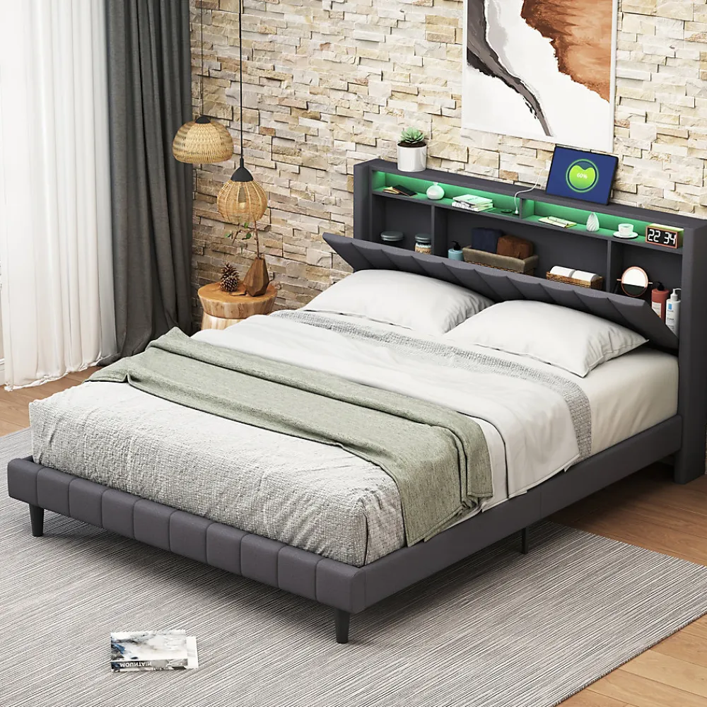 Lit Double Rembourré 140x200cm, Cadre de lit avec LED et Prise USB, sommier à Lattes, Gris>Simple Life New