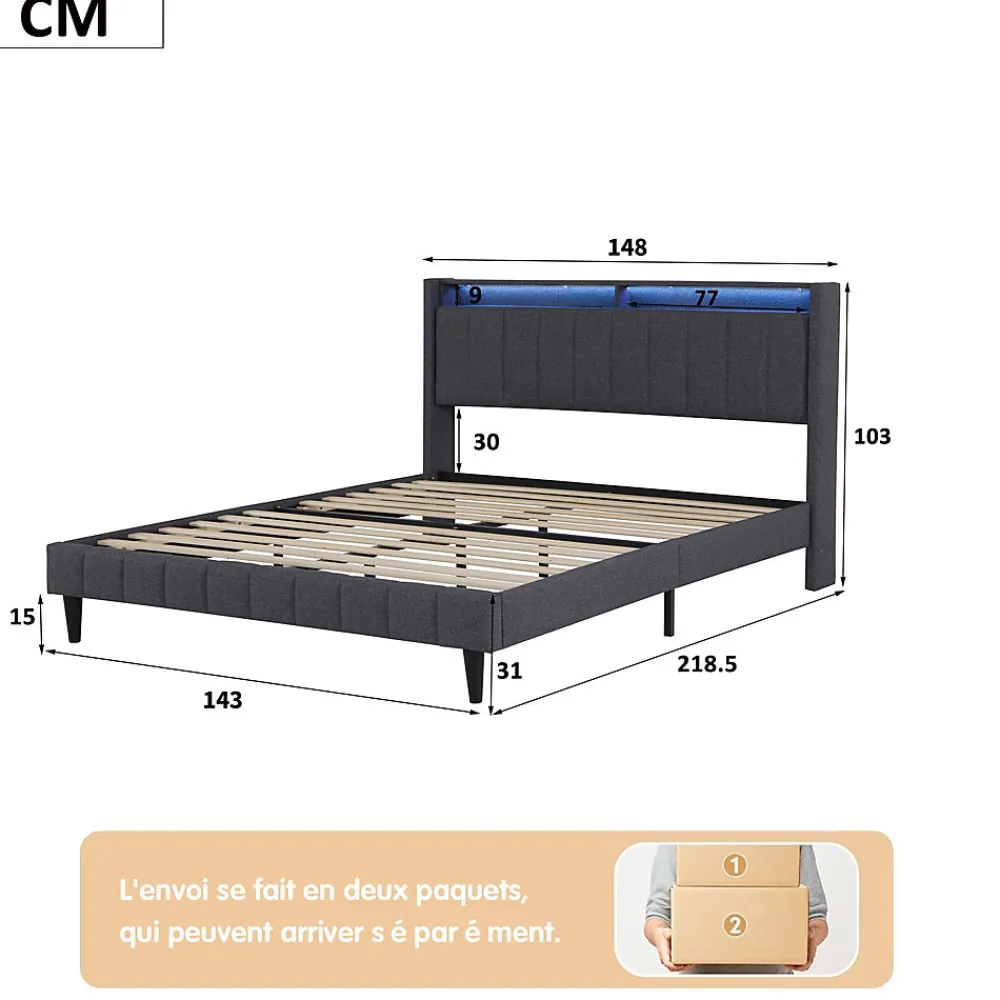 Lit Double Rembourré 140x200cm, Cadre de lit avec LED et Prise USB, sommier à Lattes, Gris>Simple Life New