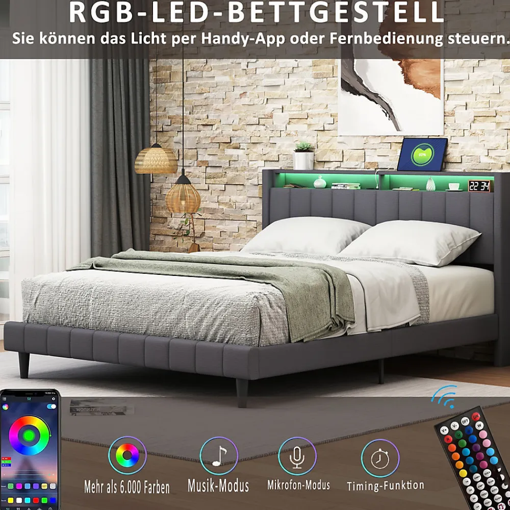 Lit Double Rembourré 140x200cm, Cadre de lit avec LED et Prise USB, sommier à Lattes, Gris>Simple Life New