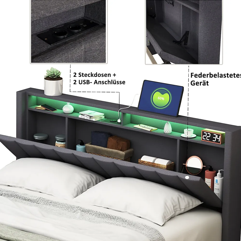 Lit Double Rembourré 140x200cm, Cadre de lit avec LED et Prise USB, sommier à Lattes, Gris>Simple Life New