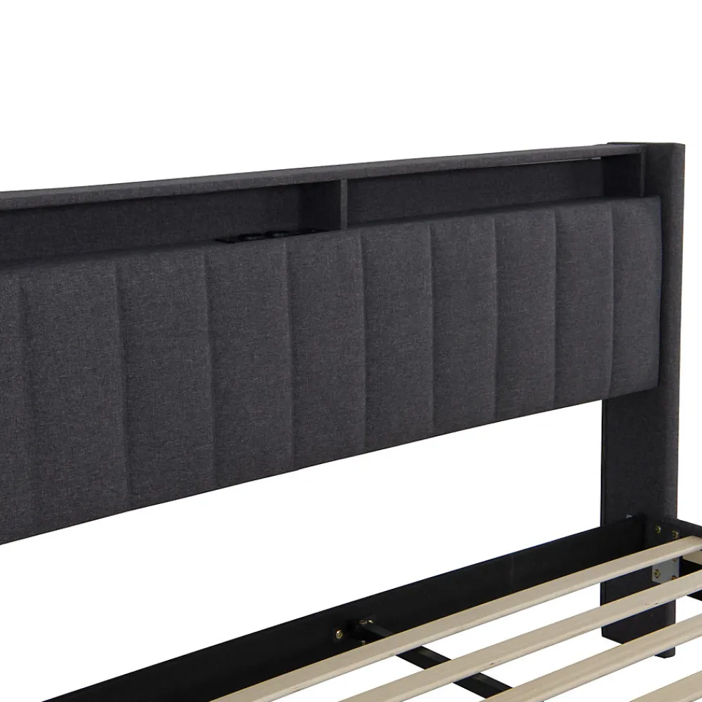Lit Double Rembourré 140x200cm, Cadre de lit avec LED et Prise USB, sommier à Lattes, Gris>Simple Life New