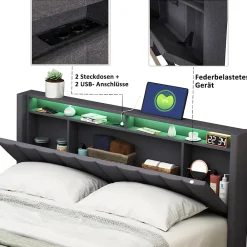 Simple Life Lit Double Rembourré 160x200cm, Cadre de lit avec LED et Prise USB, sommier à Lattes, Gris* Lit Coffre