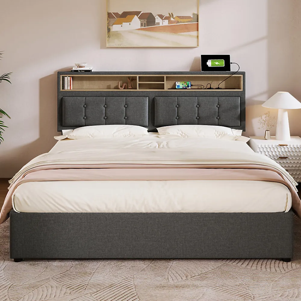 Lit double rembourré 160x200cm, lit de rangement, avec prise usb c fonction de chargement tête de lit,sommier à lattes, lin, gris>Gutent Best
