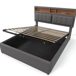 Lit double rembourré 160x200cm, lit de rangement, avec prise usb c fonction de chargement tête de lit,sommier à lattes, lin, gris><noscript><img width=