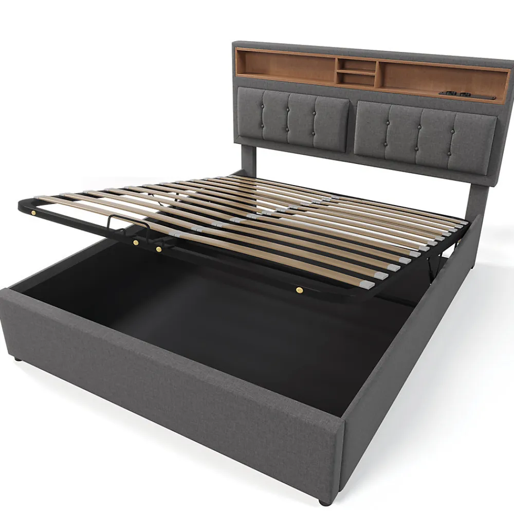 Lit double rembourré 160x200cm, lit de rangement, avec prise usb c fonction de chargement tête de lit,sommier à lattes, lin, gris>Gutent Best