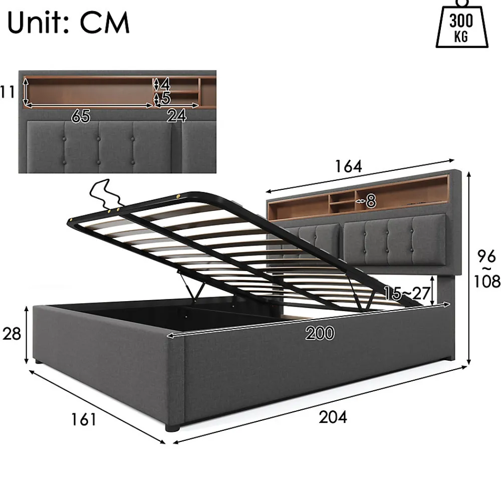 Lit double rembourré 160x200cm, lit de rangement, avec prise usb c fonction de chargement tête de lit,sommier à lattes, lin, gris>Gutent Best