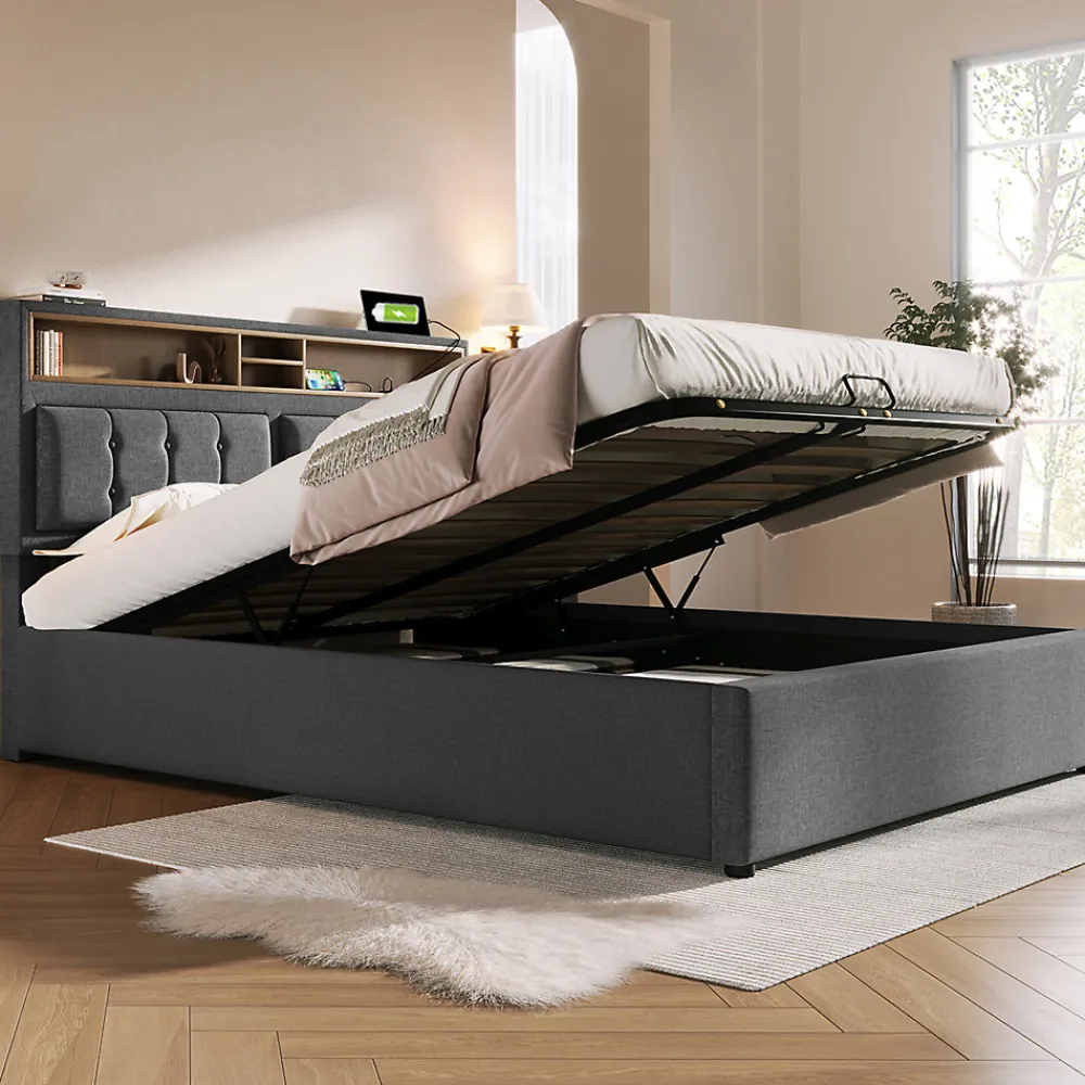 Lit double rembourré 160x200cm, lit de rangement, avec prise usb c fonction de chargement tête de lit,sommier à lattes, lin, gris>Gutent Best